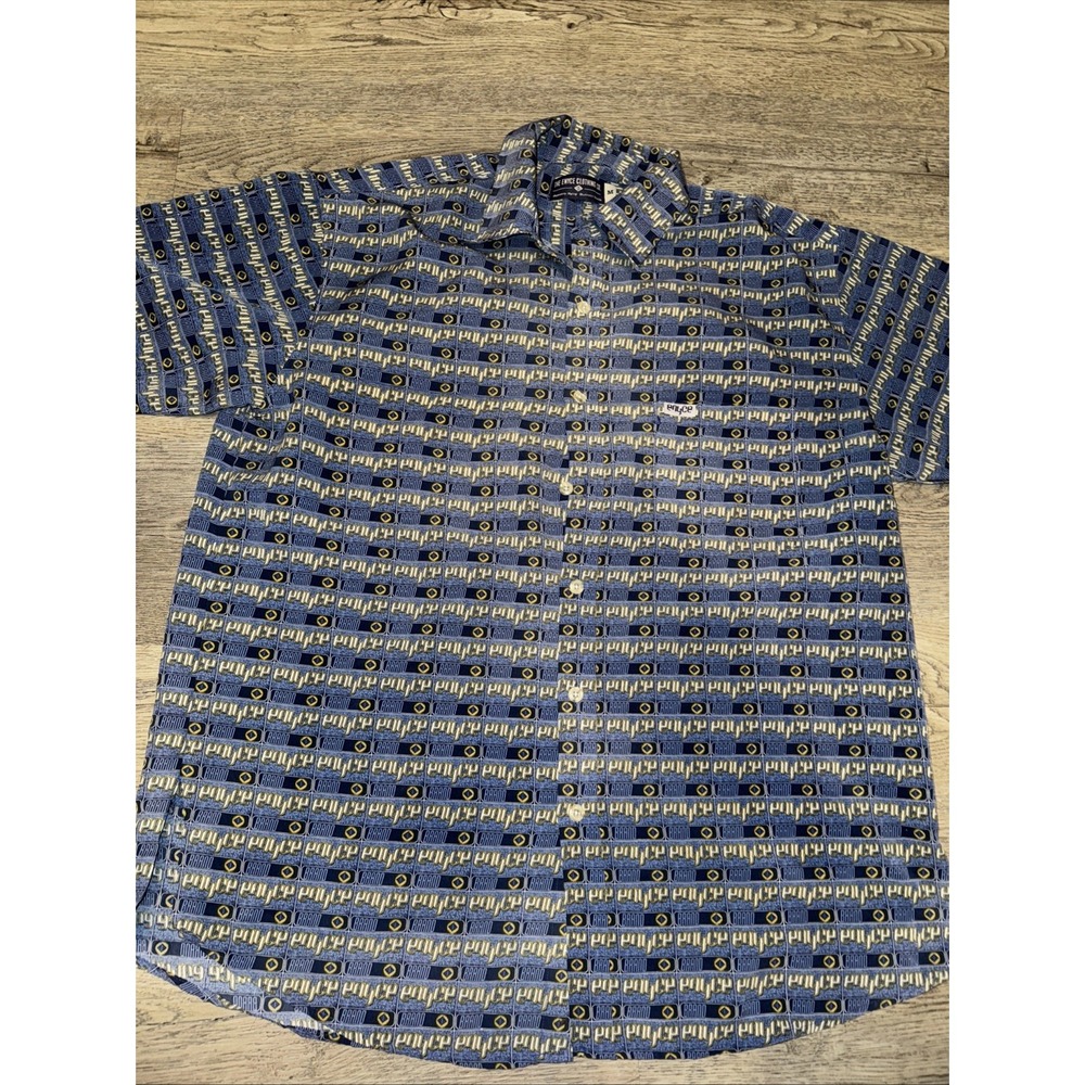 VTG Enyce Mens Short Sleeve Button Down Shirt Blue Logo Print Y2K Hip Hop
